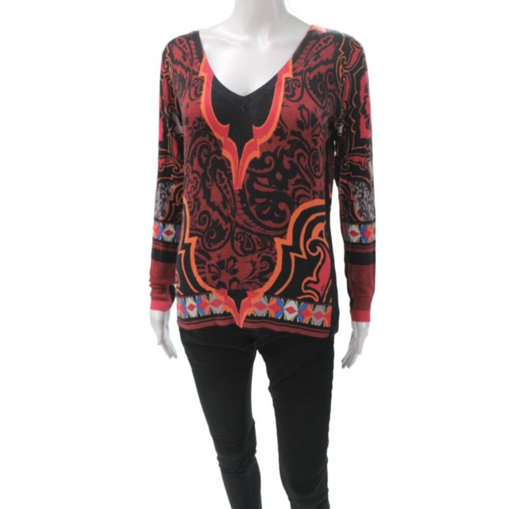 Etro Women Pullover Sweater Multicolor Paisley V-Neck Long Sleeve Knit Size 42